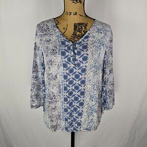 Dressbarn Boho Chic Blue Paisley Floral Blouse L 3/4 Sleeve Coastal Grandma